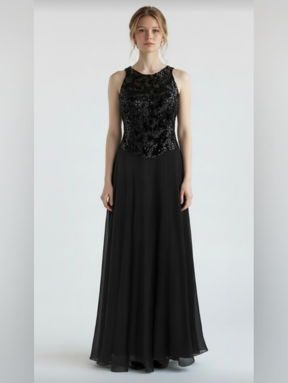 NWOT! FAVIANA NEW YORK! BLACK SEQUINNED SATIN, CHIFFON SKIRT DRESS! SZ 13/14